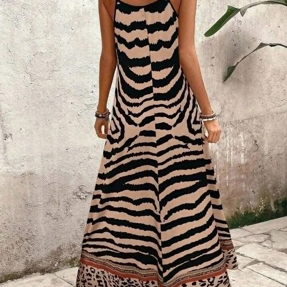 Khaki Boho Women's Elegant TigerPrint Loose Maxi Slip Dress - Picture 2 of 7